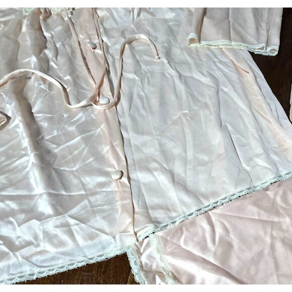 Vtg Miss Elaine Pink Silky Pajama Set Sz Med Lace Trim & Button Front Union USA - Picture 5 of 10